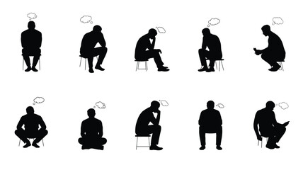 Contemplative Pose Silhouette Set – Minimalist Black Figures Seated in Reflective Positions on Light Blue Background