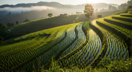 Fototapeta premium Serene Landscape of Terraced Rice Fields at Sunrise