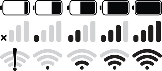 Minimal Battery, WiFi, and Mobile Network Icon Set for UI and App Interfaces – Vector Illustration