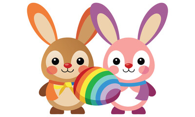 Two adorable cartoon bunnies one brown and one pink holding a colorful rainbow easter egg together on a white background celebrating spring and easter