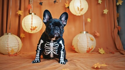 french bulldog puppy in skeleton costume for halloween