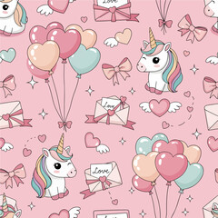 A whimsical seamless pattern featuring cute unicorns, heart-shaped balloons, and love letters on a sweet pink background. Vector Patterns