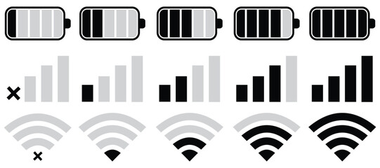 Minimal Battery, WiFi, and Mobile Network Icon Set for UI and App Interfaces – Vector Illustration