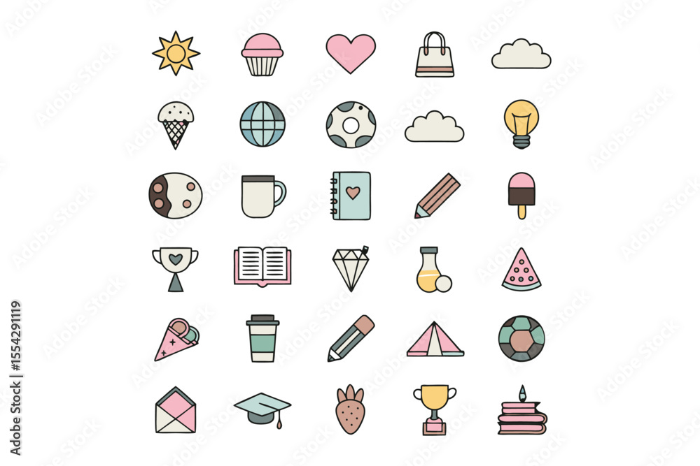 Fototapete icons set: a colorful array of icons arranged neatly, ranging from a shining sun and a sweet cupcake