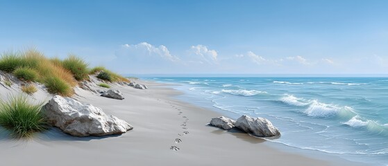 Exploring the Tranquil Beauty of a Sandy Beach Beneath a Bright Horizon with Soft Footprints Leading the Way