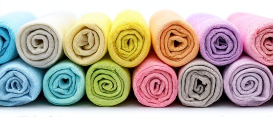 Colorful fabric rolls on a white background