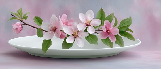 A Beautiful Spring Brunch Scene Featuring a White Bowl Adorned with Delicate Pink Flowers Arrangement for a Symmetrical Table Setup