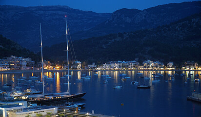 Puerto do Soller at night boats and waterfront buildings
