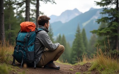 hiking backpack, tent and gear equipment for mountain and forest woods nature outdoor activity camping. High quality