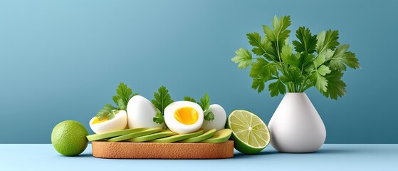 A Gourmet Presentation of Toasted Bread with Creamy Avocado and a Bright Egg Yolk Enveloped in Fresh Green Vegetables