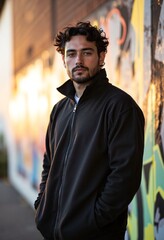 Fototapeta premium Portrait of a man in a tracksuit, standing confidently in front of a graffiti wall