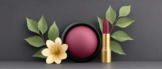Luxury Cosmetic Design Featuring Lipstick and Flower on Gray Background - Perfect for Graphic Resources