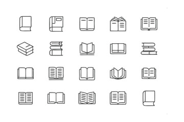 Book Icons Collection: A comprehensive set of neatly organized book icons, showcasing various perspectives and states of books, perfect for educational or literary projects.