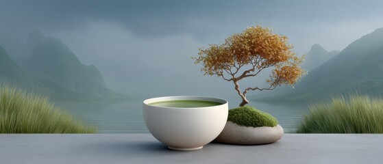 A Serene Green Tea Experience in a Nature-Inspired Setting Perfect for Wellness and Relaxation