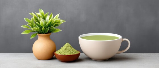A Beautiful Top Down View of a Cup of Green Tea Next to a Pot of Matcha Perfect for Graphic Resources and Creative Projects