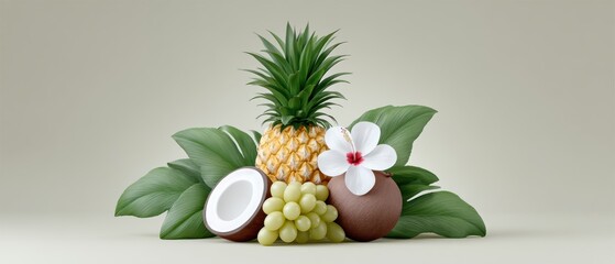 Tropical Wellness Vibes with Pineapple and Grapes - A Refreshing Flat Lay Design for Your Creative Projects