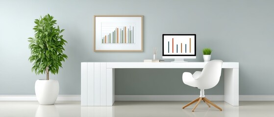 A Beautiful White Desk with a Stylish Plant in a Pot Emphasizing Minimalism for a Peaceful Workspace Environment