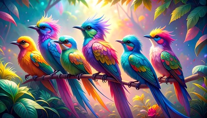 Fototapeta premium Vibrant Array of Colorful Birds Perched on a Branch in a Lush Jungle