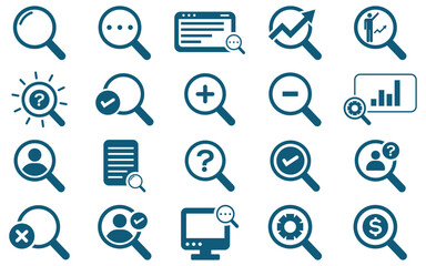 Search and Magnifying Glass Icon Set – Vector Symbols for SEO, Research, and Investigation