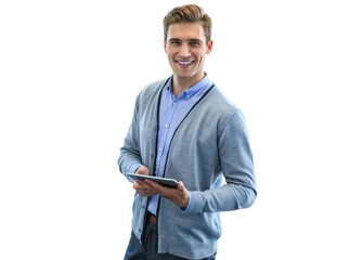 Smiling young man using digital tablet on a transparent background