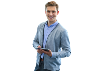 Smiling young man using digital tablet on a transparent background