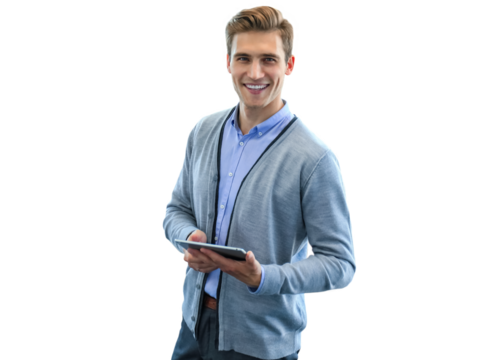 Smiling young man using digital tablet on a transparent background