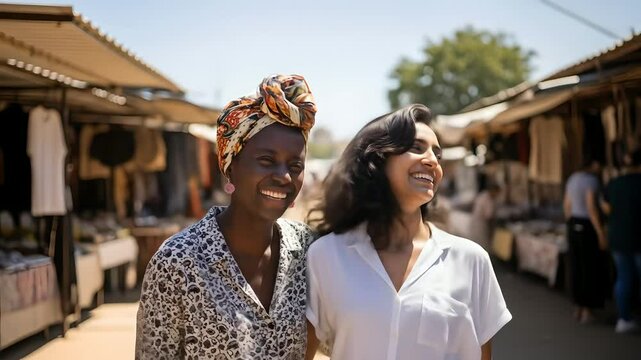Two happy women laugh in market, diverse friendship. They explore street vendors, engaging in shopping and fun, ideal for travel, fashion and lifestyle content, global connection. 