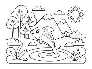 Sunny day in nature with fish, trees and mountains coloring page. A nature-themed coloring page featuring fish, trees, and mountains on a sunny day