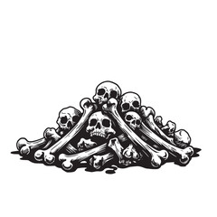 Vintage art silhouette of a pile of skulls and bones in black and white design