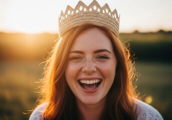 Joyful woman wearing crown in sunny meadow