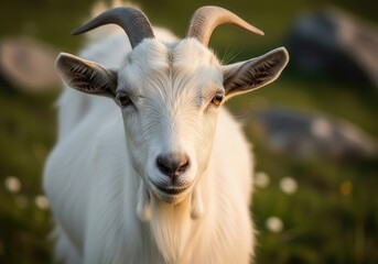 Goat standing in grassy meadow at sunset
