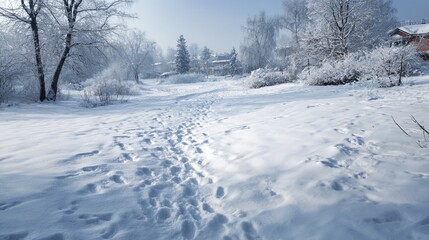Outdoor snowy ground with visible footprints during wintertime