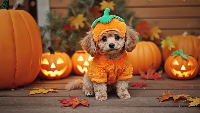 poodle puppy in pumpkin costume for halloween - Powered by Adobe