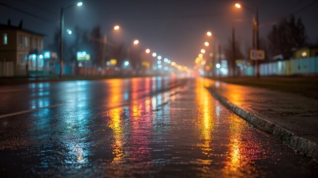 Beautiful reflections on a wet city street at night after a rain shower in a quiet urban area