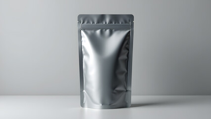 Silver Foil Pouch Mockup: A sleek, silver foil pouch standing upright against a neutral backdrop, ready for your branding or design. Perfect for showcasing product packaging.