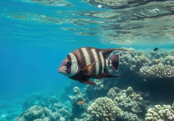Colorful fish swimming coral reef in clear blue ocean