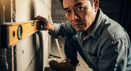 Focused construction worker using spirit level tool