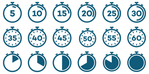 Countdown Timer and Stopwatch Icon Set – Vector Clock Symbols for Time Tracking and Cooking Labels