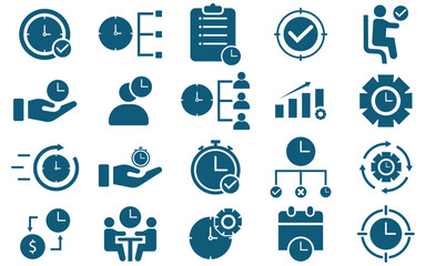 Time Management and Productivity Icons – Linear Set of Clocks, Calendars, Planners, and Task Tools