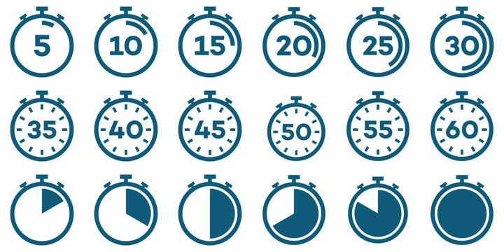 Countdown Timer and Stopwatch Icon Set &ndash; Vector Clock Symbols for Time Tracking and Cooking Labels