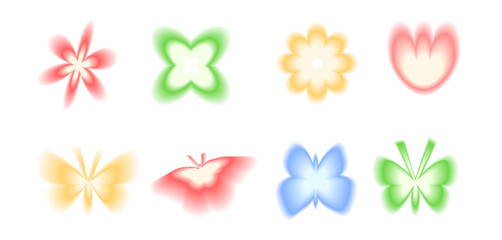 Obraz premium Blur gradient nature shape set. Y2k retro butterflies with flower forms. Colorful butterfly and floral icons on white background. Trendy effect with blurry texture. Vector illustration.