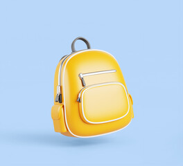 School bag, yellow backpack or satchel mockup. Student knapsack or schoolbag, travel rucksack with pocket, zipper and handle isolated on white background. Realistic 3d render icon. 3D illustration