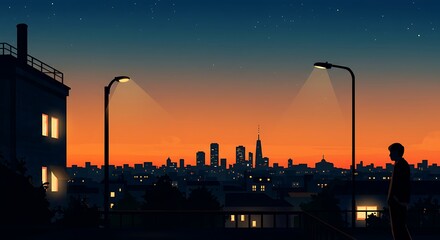cityscape at dusk with glowing lights, calm atmosphere, person positioned on the right side, leaving clear copy space on the left for text or design elements., digital illustration