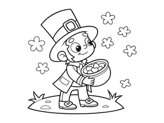 St patrick's Day coloring page. Leprechaun, pot of gold illustration. Ready to print St Patrick's Day coloring page with a leprechaun and pot of gold illustration