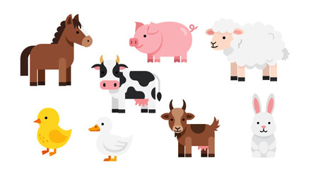 Adobe illustrator vector flat style illustration of a delightful set of farm animals, including a sheep, horse, pig, chick, duck, cow, rooster, and goat, designed as cute mascots
