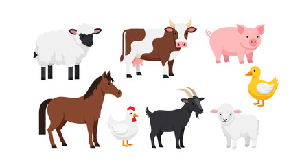 Adobe illustrator vector flat style illustration of a delightful set of farm animals, including a sheep, horse, pig, chick, duck, cow, rooster, and goat, designed as cute mascots
