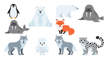 Adobe illustrator vector flat style illustration of a charming collection of snow animals, including a penguin, polar bear, seal, rabbit, musk ox, snow leopard, and caribou, in various adorable poses