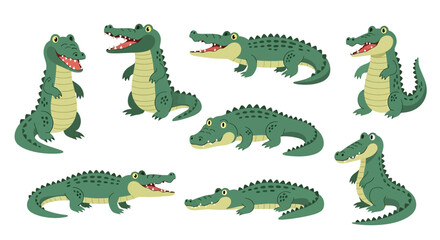 Adobe illustrator vector flat style illustration of various green crocodiles and alligators in different poses, showcasing their smiles and sharp teeth, suitable for children's designs