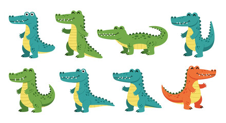 Adobe illustrator vector flat style illustration of various green crocodiles and alligators in different poses, showcasing their smiles and sharp teeth, suitable for children's designs