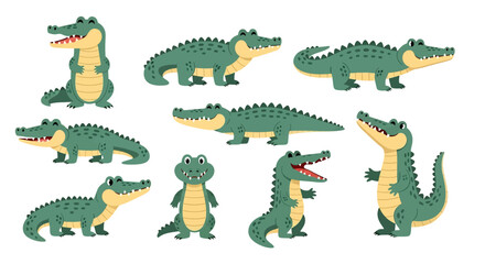 Adobe illustrator vector flat style illustration of various green crocodiles and alligators in different poses, showcasing their smiles and sharp teeth, suitable for children's designs